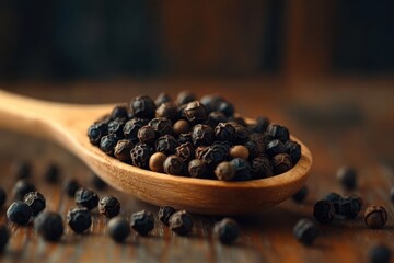 Closeup of black Tellicherry peppercorns in a wooden spoon on a rustic wooden surface, Black Tellicherry peppercorns closeup in wooden spoon on a kitchen table