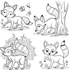 Obraz premium Bold black and white hand-drawn illustrations of 4 adorable foxes doodling chasing butterflies, sniffing around trees, hiding behind bushes, and playing with tails, isolated on white.