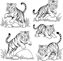 Bold black and white hand-drawn illustrations of 4 fierce tigers doodling playing in the jungle, jumping over rocks, and stalking through tall grass, isolated on white.