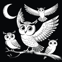 Bold black and white hand-drawn illustrations of 4 playful owls doodling perched on branches, hooting at the moon, and flying through the night sky, isolated on white.
