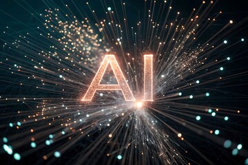Glowing AI Letterforms Surrounded by Streams of Light & Sparkles on Dark Backdrop