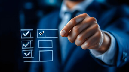 Businessman touching to tick correct mark in checklist with progressive loading status to remind work task progressive for project develop management and tracking concept