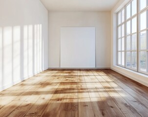 Obraz premium Empty room with large blank canvas. Sunlight streams through large windows