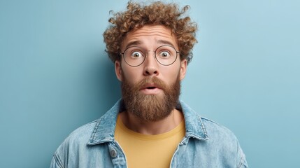 Obraz premium Surprised caucasian male with curly hair and beard in denim jacket against blue background