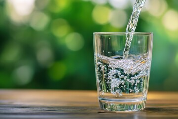 Clean water being poured into a glass on a wooden table in a sunny outdoor setting, Clean drinking water poured into a glass