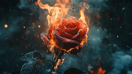 Obraz premium Fiery Rose: A close-up of a rose engulfed in flames, with vibrant petals and intricate details.
