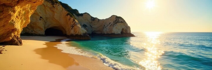 Obraz premium Golden light bathes Cathedral Cove's dramatic cliffs & sandy bay, clear water sparkles, nature, sea