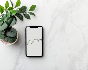 Minimalist workspace with a smartphone displaying a line graph next to a potted plant on a marble surface.