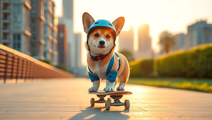 a corgi dog with a helmet and knee pads confidently riding a skateboard