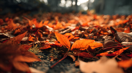 Autumnal Canopy of Leaves: A captivating perspective of a path blanketed in vibrant autumn leaves, showcasing the warm hues of the season, creating an immersive, grounded view.