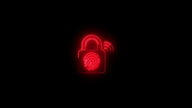 glowing neon fingerprint-identification icon animation black background. 4K Video motion graphic animation.