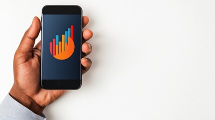 A hand holding a smartphone displaying a colorful analytics graph icon against a white background.