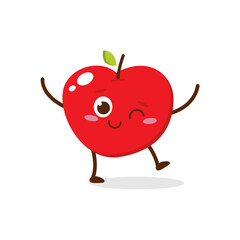 Cute Smiling Red Apple Character. Kawaii Red Fruit Mascot Style Vector. Cute vector character set in various action emotions. Collection symbols isolated on a white background