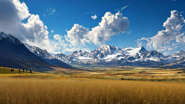 Majestic mountain vista with rolling clouds and lush valley landscape
