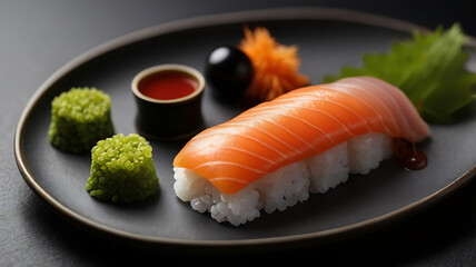 Fresh Salmon Delicious Sushi served on black elegant plate.