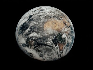 Breathtaking view of Earth from space showcasing continents and cloud formations against a black background depicting planetary science and global perspective