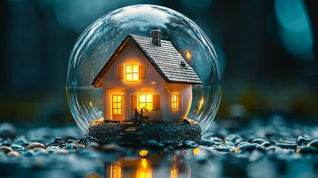 Captivating miniature house encased within a protective glass bubble, symbolizing security and dreams