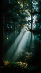 Sunbeams Through Forest Canopy: Sunlight streams through a dense forest canopy, illuminating the ethereal beauty of the natural world with light, creating a breathtaking display of light and shadow. 