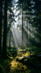 Fototapeta premium Sunbeams in the Forest: Sunbeams pierce the canopy of a dense forest, illuminating a mossy path strewn with rocks. The scene is filled with mystery and tranquility. 