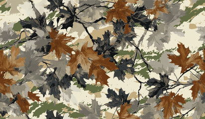 Leaves hunting camouflage pattern. Forest camouflage. Tree branches, leaves, acorns, Christmas trees. Pattern for clothing, various products. Abstract camouflage