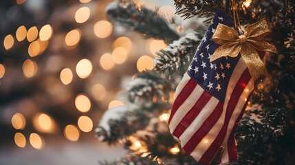 Festive Patriotism: An American flag, adorned with a golden bow, decorates a Christmas tree, exuding holiday cheer against a backdrop of warm, inviting bokeh lights.