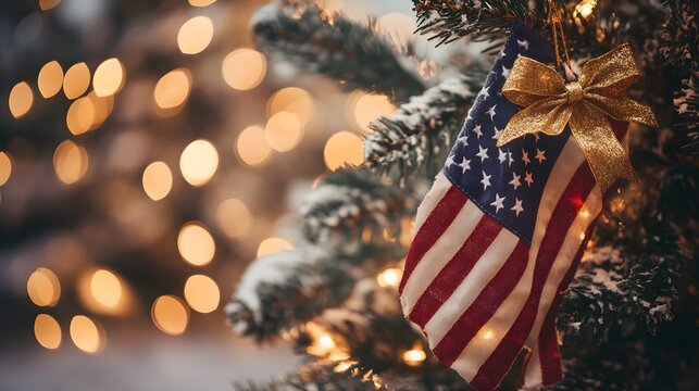 Festive Patriotism: An American flag, adorned with a golden bow, decorates a Christmas tree, exuding holiday cheer against a backdrop of warm, inviting bokeh lights.