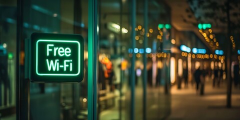 Neon free wi-fi sign in modern shopping mall at night