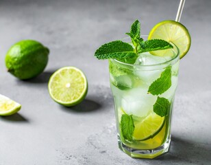 Fototapeta premium Refreshing Mojito Cocktail with Mint and Lime on Crushed Ice