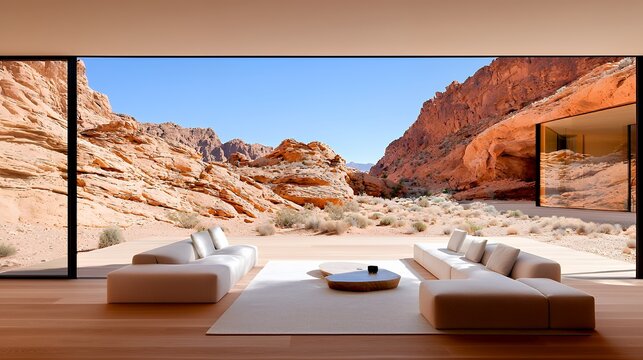 Modern Desert Home Interior with Panoramic View of Red Rock Landscape