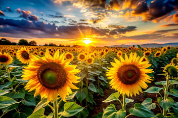 Obraz premium Sunflowers Facing the Sunset in a Vast Blooming Field