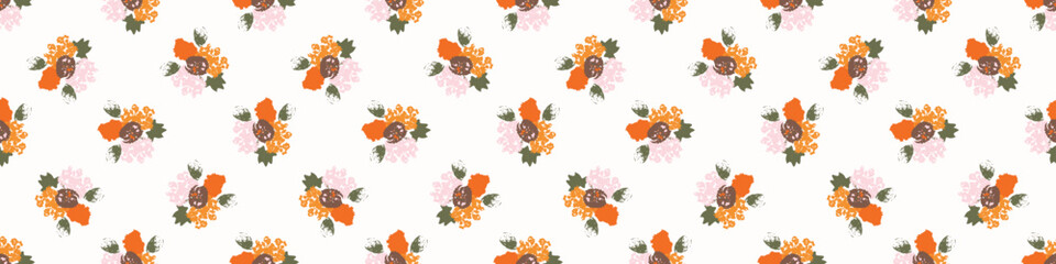 Simple whimsical modern floral abstract border shape seamless pattern. Trendy pastel color banner with hand drawn playful style for edging trim, wash tape and summer texture ribbon background.