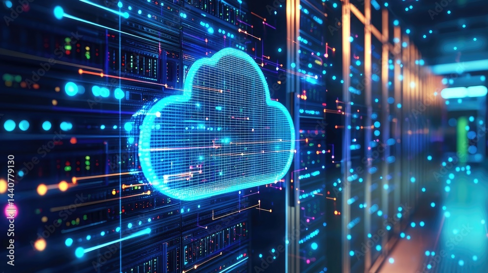 Aufkleber digital cloud hologram over server racks in a futuristic data center, perfect for cloud computing, c