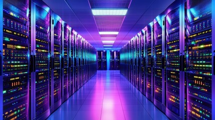 Fototapeta premium Futuristic data center with colorful neon-lit server racks reflecting on the glossy floor, ideal for cloud computing, cybersecurity, technology infrastructure, and digital network visuals