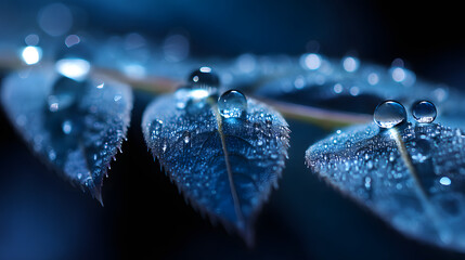 Aqua Bloom: Delicate water droplets adorn the intricate texture of a vibrant blue leaf, creating a stunning macro capture that evokes feelings of purity and renewal.