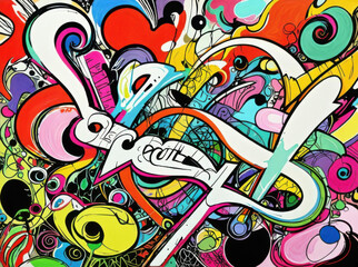 Obraz premium Psychedelic urban graffiti artwork with bright colors, distorted shapes, bold outlines, and fluid forms. Surreal and playful, perfect for posters, album covers, web visuals, or digital art projects.