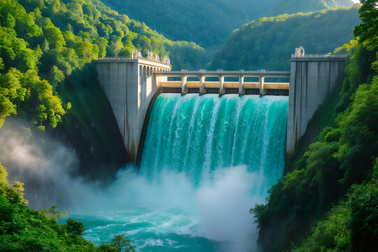 Hydroelectric dam with cascading water surrounded by lush green forest landscape
