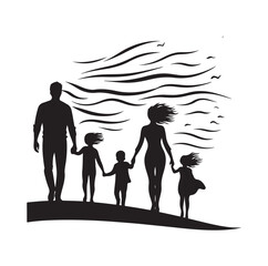 Family against the wind silhouette vector illustration