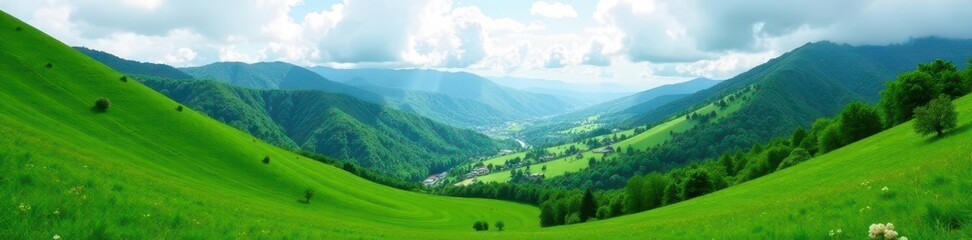 Naklejka premium Lush green hills, vibrant foliage, scenic valley, vibrant, ecology