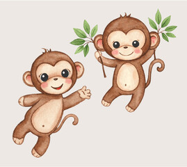 Fototapeta premium playful baby monkey watercolor style art for children