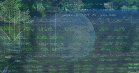 Translucent financial overlay floating over forest lake, showing charts, grids, ticker symbols - Powered by Adobe