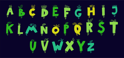 Hand drawn font in doodle style with leaves and plants. Vector alphabet