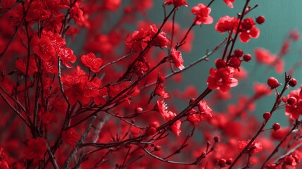 Vibrant red blossoms on branches against a teal background