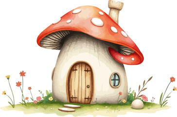 Mushroom house watercolor vector illustration.