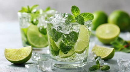 Refreshing mojito cocktail with fresh mint leaves and lime slices on a bright background capturing the essence of summer in a vibrant and inviting style