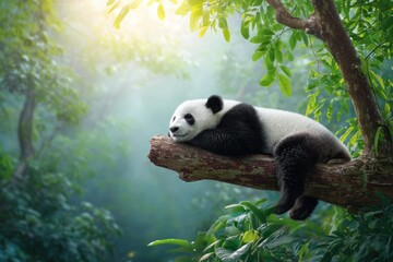 Obraz premium Serene giant panda resting peacefully on a tree branch amidst a lush green forest canopy bathed in soft sunlight creating a tranquil and captivating scene