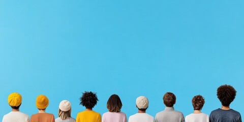 community donation campaign, community-themed postcard design with illustrated diverse donors at the bottom and a blank sky-blue upper section for headline