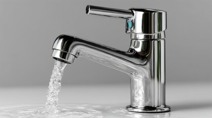 a shiny chrome faucet with water flowing on a white isolated background, sleek and modern design