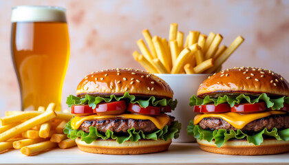 Two delicious hamburgers and two orders of fries are displayed on a wooden table, accompanied by a glass of beer. The table is set up in a casual and inviting atmosphere