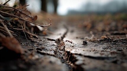 Ant trail disappearing into soil nature photographic detail ground level realistic capture