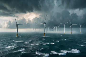 Offshore wind farm under a dramatic sky generating renewable energy